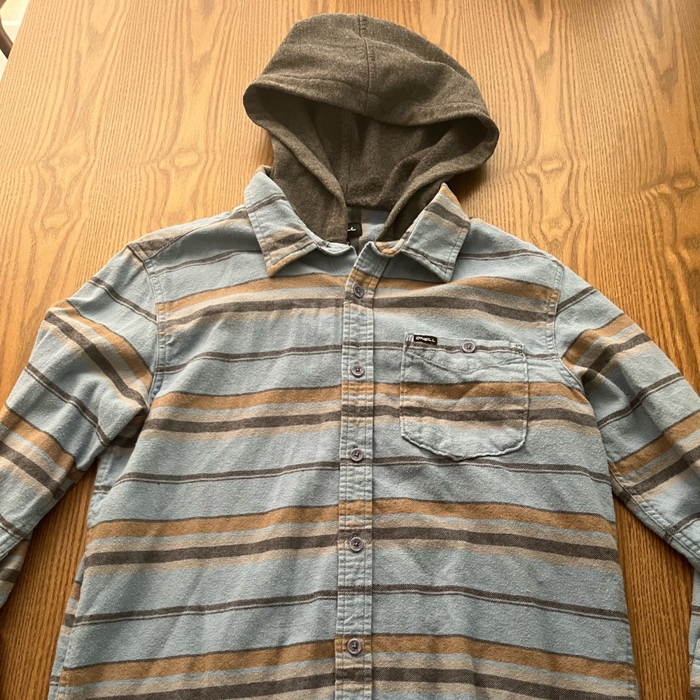 O'Neill Blue and Brown Striped Flannel Hoodie size Small